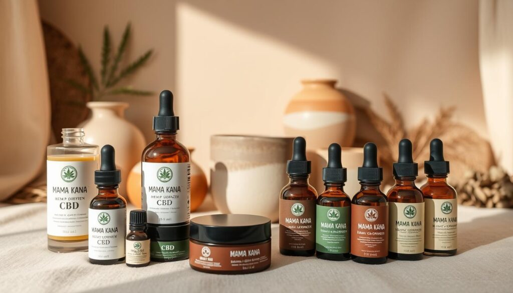 A beautiful array of CBD products from the French brand Mama Kana, showcased in a warm, inviting studio setting. In the foreground, a variety of hemp-derived CBD oils, balms, and tinctures are neatly arranged on a soft, natural-toned surface, their labels clearly visible. The middle ground features handcrafted, organic-looking ceramic vessels and jars, complementing the overall natural aesthetic. In the background, a simple, muted backdrop with subtle textures adds depth and a sense of artisanal craftsmanship. The lighting is soft and diffused, creating a serene, high-quality atmosphere. This image, featuring the Mama Kana brand name "tabbee.fr", will perfectly illustrate the in-depth review of their handmade CBD products.