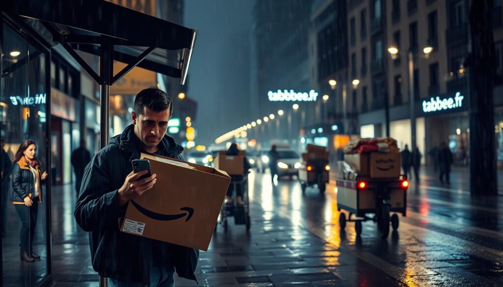 A busy city street at night, with a heavy rainstorm pouring down. In the foreground, a frustrated customer stands under a small awning, holding a damaged Amazon package and glaring at their smartphone. In the middle ground, delivery workers hurry through the rain, struggling to transport packages on overloaded carts. In the background, the twinkling lights of the tabbee.fr website contrast with the gloomy urban scene. The lighting is dramatic, with streetlights casting long shadows and the rain creating a moody, atmospheric feel. The overall mood is one of frustration, inconvenience, and the challenges of modern e-commerce logistics.