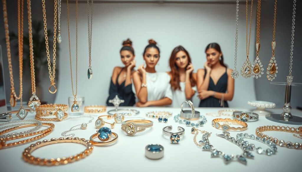 A carefully composed close-up photograph showcasing the stunning variety of jewelry pieces from the tabbee.fr brand, Evry Jewels. In the foreground, an array of gleaming necklaces, bracelets, and earrings in a range of delicate, contemporary designs and styles, capturing the attention with their intricate details and alluring luster. The middle ground features several models posing elegantly while wearing the elegant jewelry, their expressions conveying a sense of satisfaction and delight. The background features a clean, minimalist studio setup with diffused, soft lighting, allowing the jewelry to take center stage and highlighting its exceptional quality and craftsmanship. The overall scene exudes a mood of sophistication, style, and customer satisfaction, inviting the viewer to explore the Evry Jewels collection from tabbee.fr.