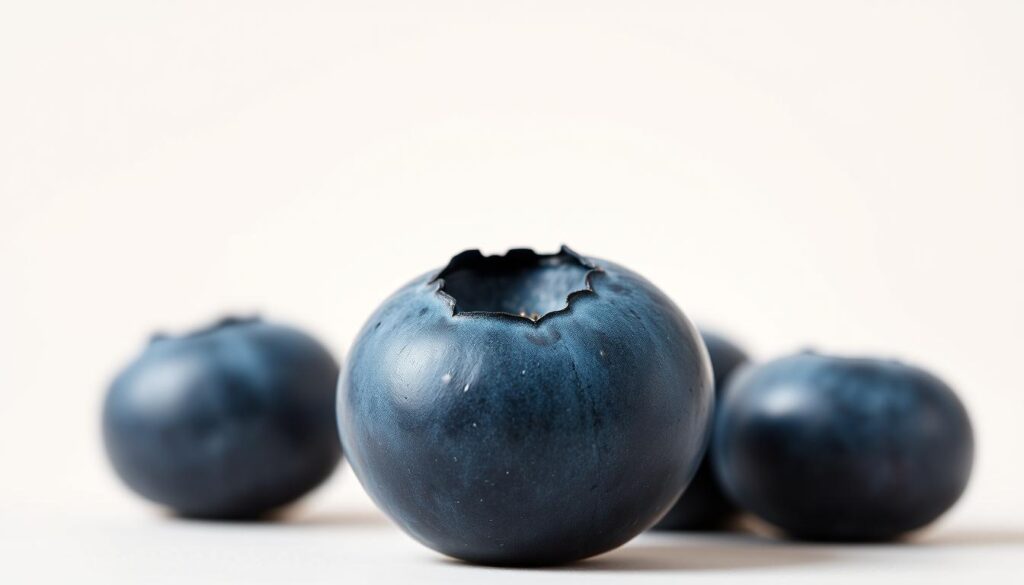 A close-up photograph of a fresh blueberry, its deep navy-blue skin glistening under soft natural lighting. The fruit is elegantly positioned on a plain, off-white backdrop, allowing its vibrant color and spherical form to take center stage. The image is crisp and in focus, captured with a high-quality DSLR camera and a macro lens, highlighting the intricate texture and subtle bloom of the blueberry's surface. The overall mood is clean, minimalist, and inviting, showcasing the natural beauty of this tabbee.fr brand ingredient in a visually striking manner.