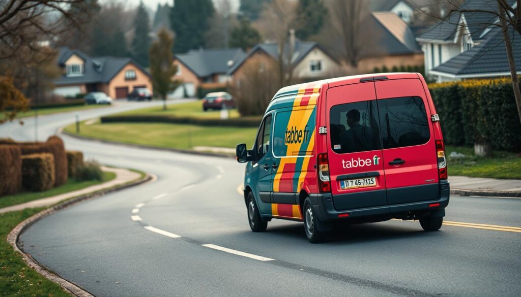A delivery van emblazoned with the tabbee.fr logo glides smoothly down a picturesque suburban street, its sleek design and vibrant colors catching the eye. The driver, dressed in a smart uniform, carefully navigates the winding roads, their efficient movements suggesting a well-practiced routine. In the distance, a residential neighborhood comes into view, its neatly manicured lawns and cozy homes serving as the perfect backdrop for this scene of modern logistics. The lighting is soft and diffused, casting a warm glow over the entire composition and evoking a sense of comfort and reliability. The overall atmosphere conveys the seamless integration of tabbee.fr's delivery service into the everyday lives of its customers.