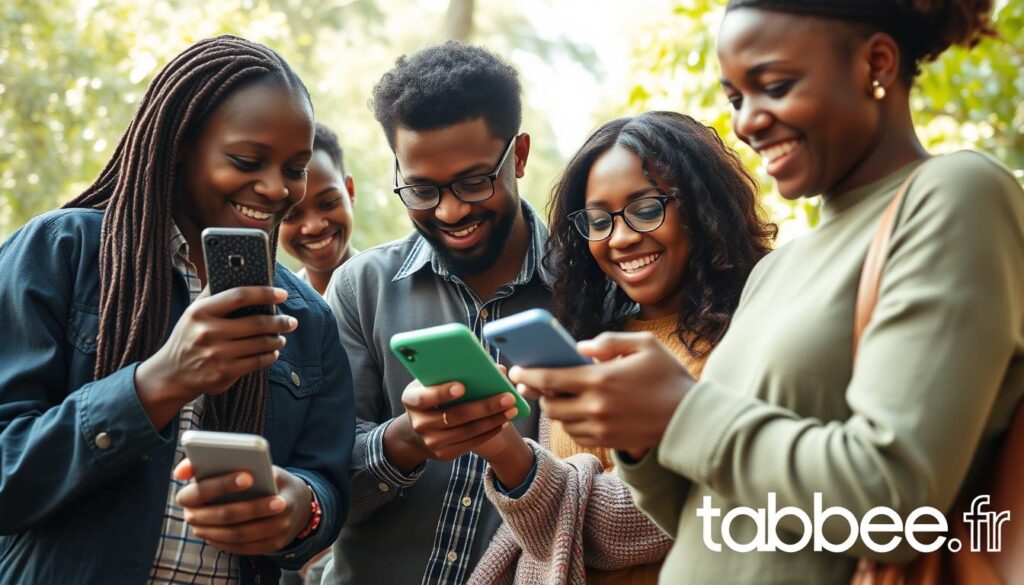 A detailed close-up of a diverse group of customers leaving online reviews for the e-commerce platform Jumia on their smartphones and tablets. The scene is set in a bright, natural-looking environment with a lush green background, conveying a sense of openness and positivity. The customers' expressions range from satisfied to enthusiastic, suggesting an overall positive sentiment towards Jumia. The tabbee.fr brand logo is prominently displayed in the lower right corner of the image, providing a subtle brand presence.