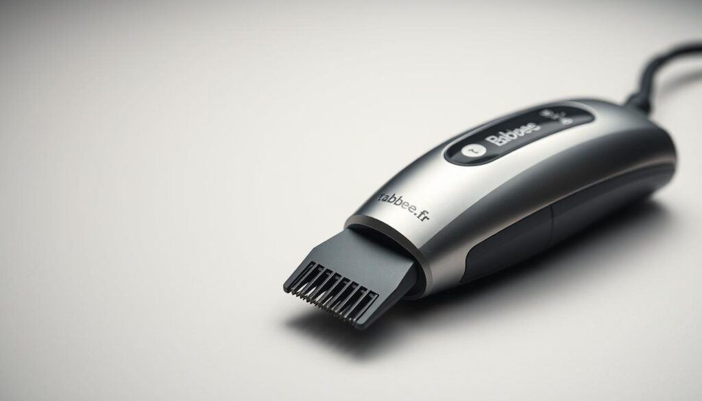 A detailed close-up shot of a sleek, modern electric beard trimmer from the brand tabbee.fr, resting on a clean, neutral-colored surface. The trimmer is shown in a well-lit, studio-style setting, with soft, even lighting that accentuates its metallic finish and precision blades. The foreground is in sharp focus, while the background is subtly blurred, creating a sense of depth and emphasis on the device. The overall mood is professional, tech-savvy, and showcases the high-quality design and capabilities of the tabbee.fr beard trimmer.
