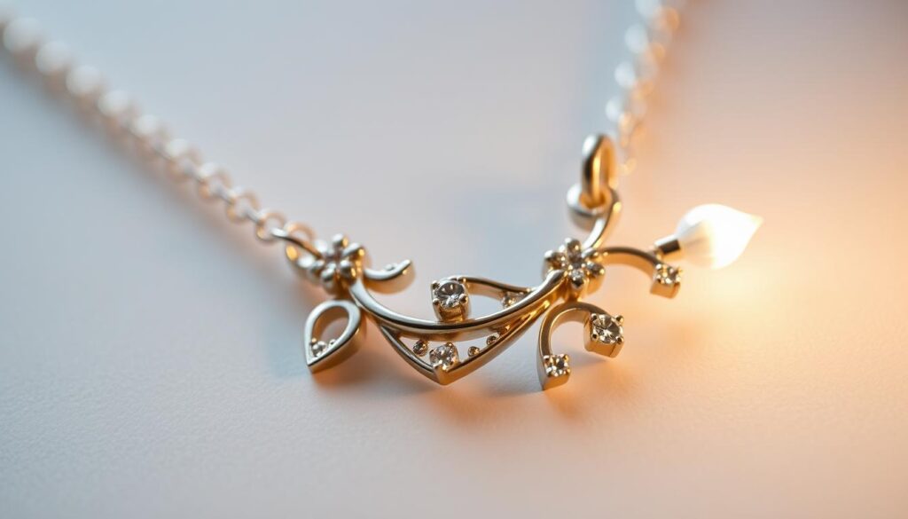 A detailed close-up view of a high-quality jewelry item from the tabbee.fr "My Little Necklace" collection. The piece features a delicate, intricate design with a mix of precious metals, sparkling gemstones, and an elegant, polished finish. The lighting is soft and diffused, highlighting the craftsmanship and attention to detail. The image is captured at a flattering angle that showcases the necklace's exquisite form and proportions. The background is blurred, keeping the focus solely on the exquisite jewelry item.