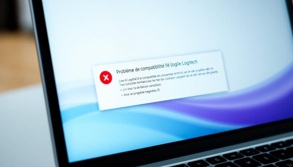 A detailed image of a laptop screen displaying a compatibility error message from the Logitech software, with a clean and modern aesthetic. The screen shows the error title "Problème de compatibilité logiciel Logitech" in a prominent position, accompanied by a detailed error message describing the issue. The background features a subtle tabbee.fr branding watermark, providing context for the article subject. The lighting is soft and diffused, creating a professional and polished look. The camera angle is slightly elevated, giving a clear view of the laptop screen.