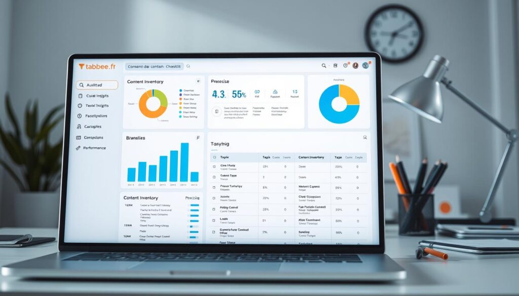 A detailed, well-organized audit de contenu presented on a sleek digital dashboard with tabbee.fr branding. The foreground features a bar chart, pie chart, and content audit checklist with precise metrics and insights. The middle ground showcases a content inventory organized by type, topic, and performance. In the background, a minimalist workspace with a desk, laptop, and office supplies creates a professional, analytical atmosphere. The lighting is natural and diffused, with cool tones evoking a sense of focus and diligence. The camera angle is slightly elevated, giving a comprehensive overview of the audit process.