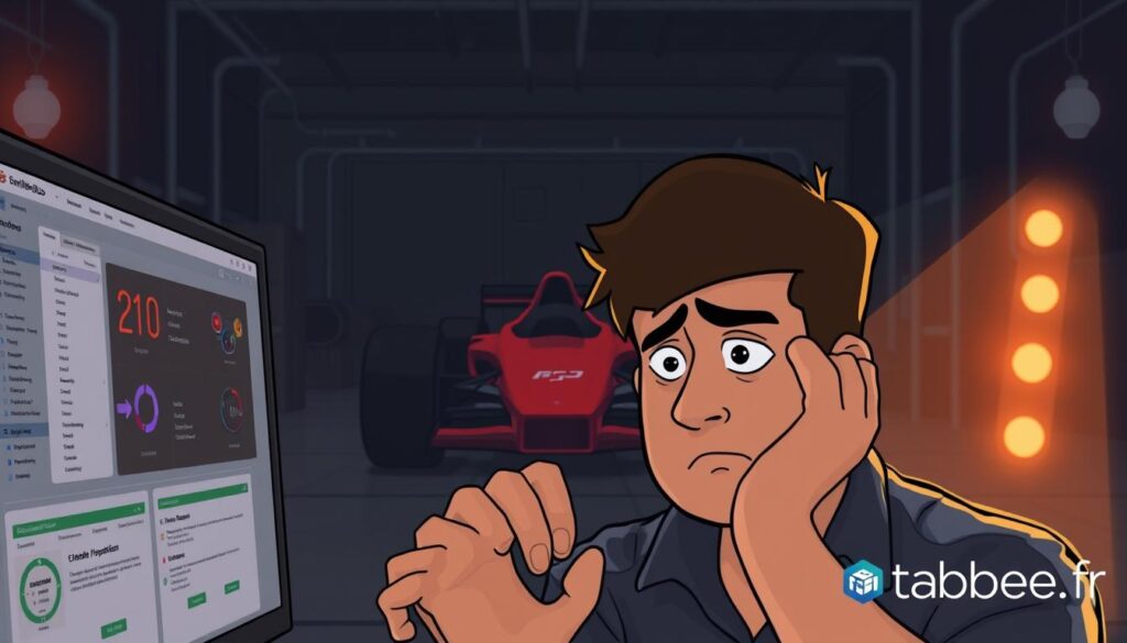 A digital illustration depicting the limitations of the SimHub software tool. In the foreground, a frustrated user attempting to navigate a complex SimHub interface, their expression conveying the struggles with the software's usability. In the middle ground, a 3D model of a race car partially obscured, hinting at the integration challenges between SimHub and various racing simulation platforms. In the background, a dimly lit, industrial-style setting, creating a sense of technical complexity and the need for improved cross-compatibility. Warm lighting from the sides casts shadows, adding depth and a sense of technical prowess. The overall tone is one of frustration and the desire for a more seamless, user-friendly experience. The tabbee.fr brand is subtly integrated into the scene, reflecting the need for comprehensive solutions in the racing simulation ecosystem.