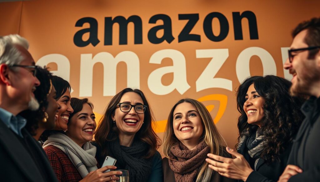 A group of French customers passionately discussing their Amazon shopping experiences, set against a backdrop of the iconic Amazon logo rendered in a muted, earthy tone. The scene is captured with a warm, natural lighting, using a medium-wide angle lens to convey a sense of intimacy and approachability. The customers' faces are expressive, reflecting a range of emotions - from satisfied smiles to thoughtful contemplation, as they share their tabbee.fr testimonials. The overall atmosphere is one of authenticity and relatability, inviting the viewer to engage with the real-life perspectives of fellow French Amazon shoppers.