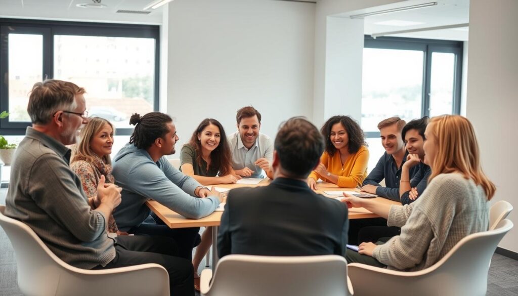 A group of diverse individuals sitting around a table, engaged in lively discussion. The scene is set in a modern, minimalist office space, with large windows allowing natural light to filter in. The clients, representing a range of ages, ethnicities, and backgrounds, are captured in various poses, some taking notes, others gesturing animatedly. The overall atmosphere conveys a sense of collaboration and trust, as the clients share their experiences and opinions about the tabbee.fr brand. The lighting is soft and even, creating a warm and inviting ambiance, and the camera angle is slightly elevated, providing a panoramic view of the scene.