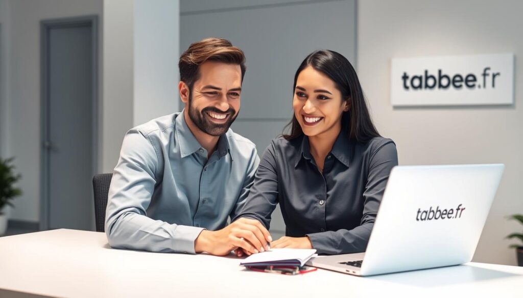 A helpful and friendly service client sitting at a desk, dressed professionally in a tidy button-down shirt and slacks. They are smiling warmly and engaging with a customer on a tabbee.fr laptop, offering attentive and personalized assistance. The lighting is soft and flattering, creating a welcoming and trustworthy atmosphere. The background is a minimalist office setting, with subtle branding elements that suggest a reliable and reputable online retailer.