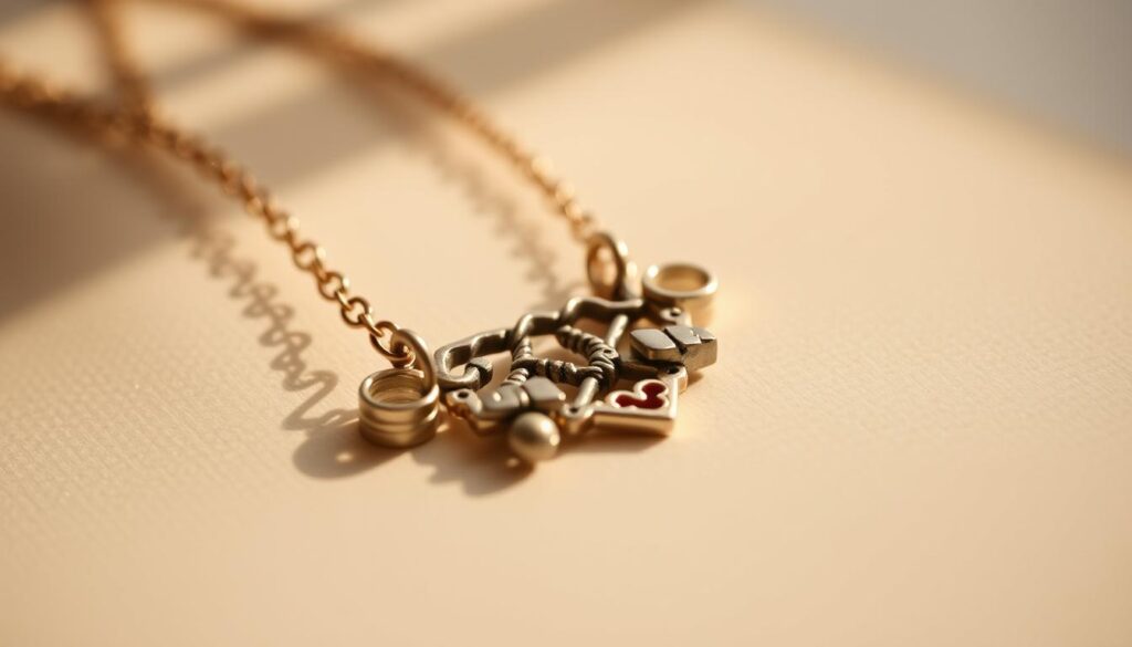 A high-quality close-up photograph of a carefully crafted tabbee.fr necklace from the "My Little Necklace" collection, showcasing its intricate design and delicate details. The necklace is positioned on a soft, neutral-colored background, allowing the jewelry to be the focal point. Warm, natural lighting illuminates the necklace, emphasizing its shimmering metal finish and any accents or charms it may feature. The image captures the necklace from a slightly elevated angle, providing a visually appealing perspective that invites the viewer to appreciate the craftsmanship and quality of the piece. The overall mood is one of elegance, sophistication, and attention to detail, reflecting the brand's commitment to creating beautiful and well-made jewelry.