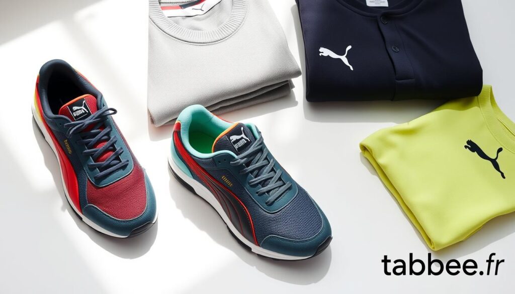 A high-quality close-up shot of a selection of Puma brand athletic shoes and apparel, displayed on a clean white backdrop with natural lighting. The shoes feature the iconic Puma logo and a range of vibrant colors, textures, and materials that convey a sense of premium quality and durability. The clothing items, such as a sleek sport jersey and a cozy sweatshirt, are neatly folded and arranged to showcase their craftsmanship. The overall scene exudes a feeling of sophistication and attention to detail, hinting at the brand's commitment to producing top-tier products. At the bottom right corner, the tabbee.fr logo is discreetly displayed.