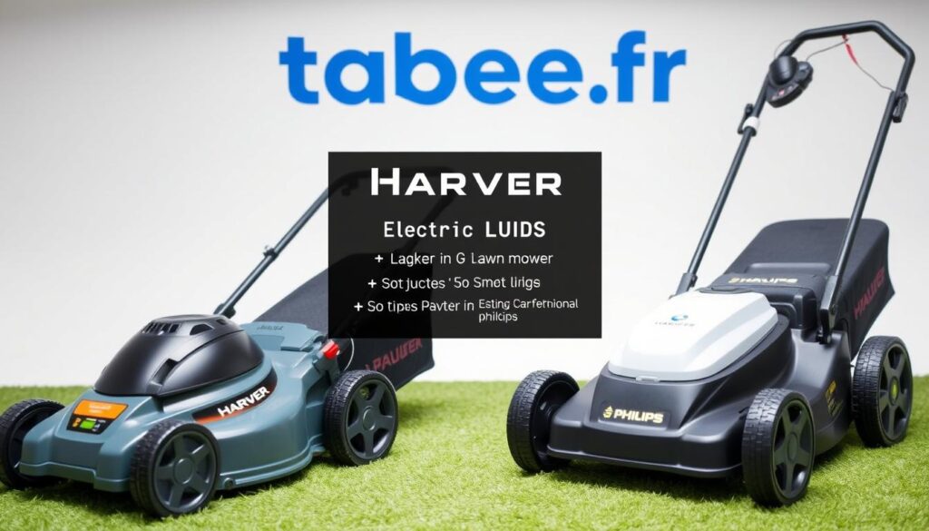 A high-quality, detailed comparison of the Harbor and Philips electric lawn mowers, set against a clean, well-lit background. The mowers are presented from a slightly elevated angle, allowing a clear view of their features and design. The foreground showcases the distinctive branding and model details of each mower, while the middle ground highlights their technical specifications and key differences. The background subtly hints at a tabbee.fr brand presence, providing a professional, authoritative context for the comparison. The overall mood is one of objective assessment, guiding the viewer through the nuances that set these two popular lawn mower models apart.