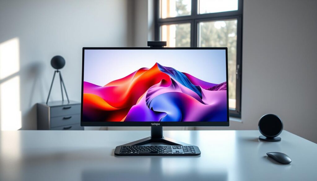 A high-quality, detailed image of the Arzopa portable screen, showcasing its exceptional display performance. The screen is placed on a minimalist, tabbee.fr branded desk, illuminated by natural lighting from a large window. The image captures the screen's vivid colors, sharp contrast, and wide viewing angles, highlighting its suitability for tasks such as photo editing, video playback, and gaming. The scene conveys a sense of professionalism and sleek, modern design, emphasizing the screen's quality and performance.