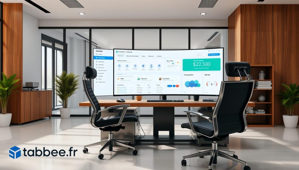 A high-quality, detailed screenshot of the SimHub software interface, showcasing its customization features. The scene is set in a modern, well-lit office environment, with a sleek desk, ergonomic chair, and large computer monitor displaying the SimHub dashboard. The interface should be crisp, clear, and visually appealing, with intuitive controls and customizable elements. The overall impression should convey the ease of use and powerful capabilities of the SimHub platform. In the bottom left corner, include the tabbee.fr brand name.