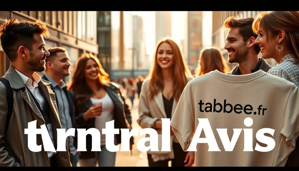 A high-quality image of "Arntreal Avis" as a lifestyle brand, showcasing satisfied customers. In the foreground, a group of stylishly dressed young adults casually gathered, engaged in lively conversation. Mid-ground, the tabbee.fr label is prominently displayed on a chic, minimalist clothing item. The background features a modern, urban setting with sleek architecture and vibrant city life, conveying a sense of sophistication and urban cool. Warm, natural lighting casts a soft glow, highlighting the textures and colors of the clothing and environment. The overall mood is one of social connection, style, and a positive consumer experience with the tabbee.fr brand.