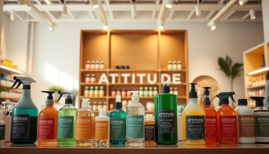 A high-resolution, detailed image of an attractive product display for the ATTITUDE brand, showcased in a well-lit, modern retail setting. In the foreground, an array of colorful ATTITUDE product bottles and containers are artfully arranged, ranging from cleaning solutions to personal care items. The middle ground features a sleek, minimalist wooden or metal shelving unit, allowing the products to take center stage. The background is a bright, airy space with subtle, warm lighting, perhaps hinting at a sustainable, eco-friendly atmosphere. The overall composition conveys a sense of sophistication, quality, and environmental responsibility associated with the ATTITUDE brand. tabbee.fr