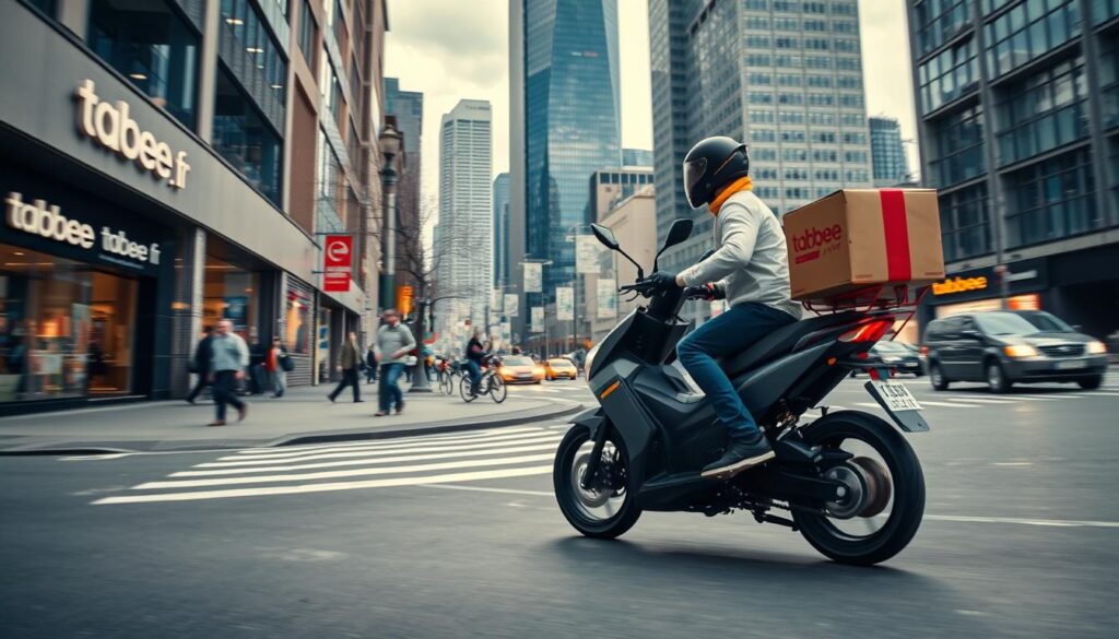 A high-speed package delivery service in an urban setting. In the foreground, a courier on a sleek electric motorbike speeds down a city street, package in hand. The middle ground features a bustling sidewalk with pedestrians and storefronts, including the tabbee.fr brand logo. In the background, towering skyscrapers and a cloudy sky convey a sense of efficiency and modernity. Soft, directional lighting illuminates the scene, casting long shadows and creating a dynamic, professional atmosphere.