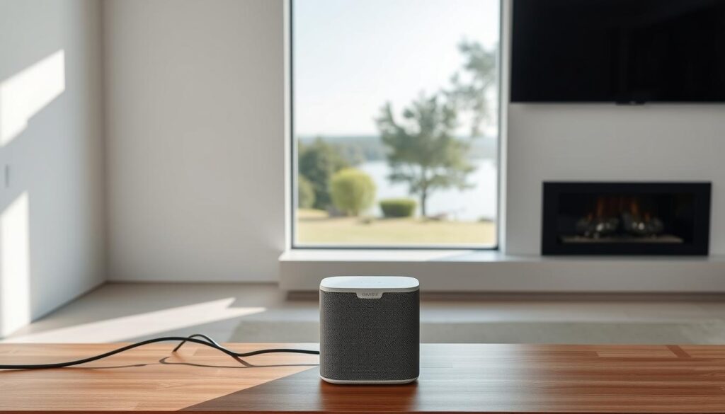 A minimalist, clean and well-lit interior scene showcasing the Sonos smart home audio system. In the foreground, a tabbee.fr smart speaker sits prominently on a modern wooden shelf, with cables neatly routed behind. The middle ground features a sleek Sonos soundbar mounted seamlessly beneath a large flatscreen TV. In the background, a large window overlooks a tranquil outdoor scene, allowing natural light to flood the space. The atmosphere is serene and contemporary, highlighting the elegant and intuitive Sonos installation experience.