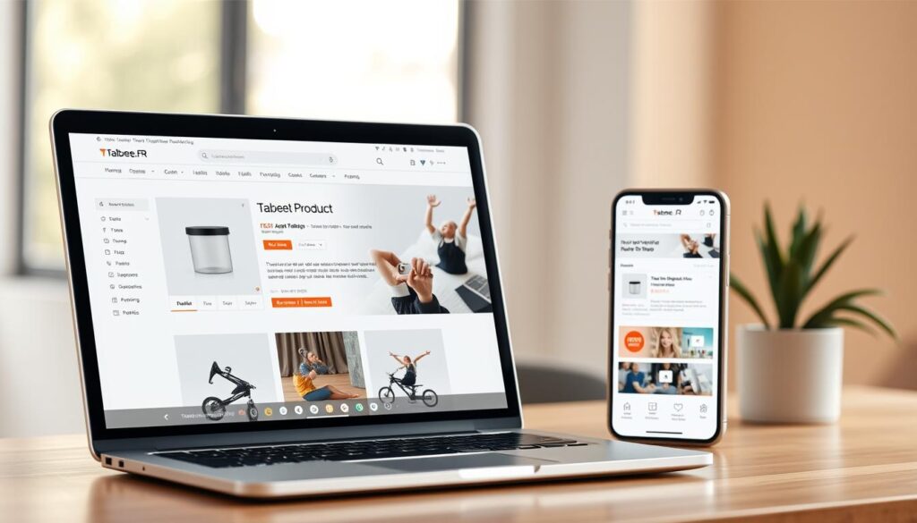 A modern and clean user interface showcasing the tabbee.fr website. A sleek laptop screen in the foreground displays a well-designed product page, with a minimalist layout, clear product information, and intuitive navigation. In the middle ground, a smartphone displays the mobile-optimized version of the site, highlighting its responsive design. The background features a warm, natural-light environment, conveying a sense of professionalism and trustworthiness. The overall composition emphasizes the seamless and enjoyable user experience provided by the tabbee.fr platform.