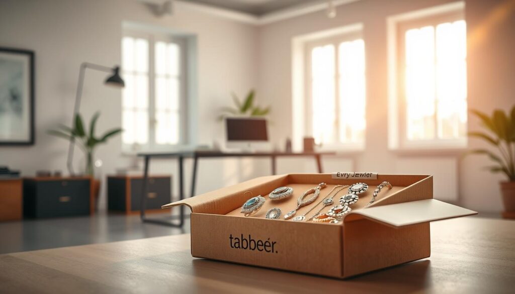A modern and stylish jewelry delivery scene. In the foreground, a tabbee.fr branded cardboard box sits open, revealing a carefully arranged display of dazzling Evry Jewels. Soft, warm lighting illuminates the intricate metalwork and glistening gemstones. In the middle ground, a chic, minimalist desk with a laptop and stationery adds a professional touch. The background is a clean, airy studio space with large windows allowing natural light to pour in, casting a soothing, ethereal glow. The overall mood is one of elegance, quality, and effortless sophistication, capturing the essence of the Evry Jewels brand.