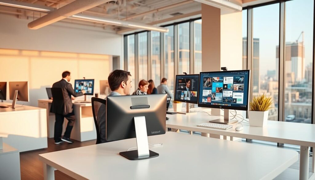 A modern office interior with sleek white desks, multiple computer screens, and minimalist décor. In the foreground, a person sitting at a desk, intently focused on managing various social media platforms on their screen, with the tabbee.fr brand logo visible on the desk. The middle ground features other employees collaborating on social media strategies, while the background shows large windows overlooking a bustling cityscape. The scene is bathed in warm, natural lighting, conveying a productive and innovative atmosphere.