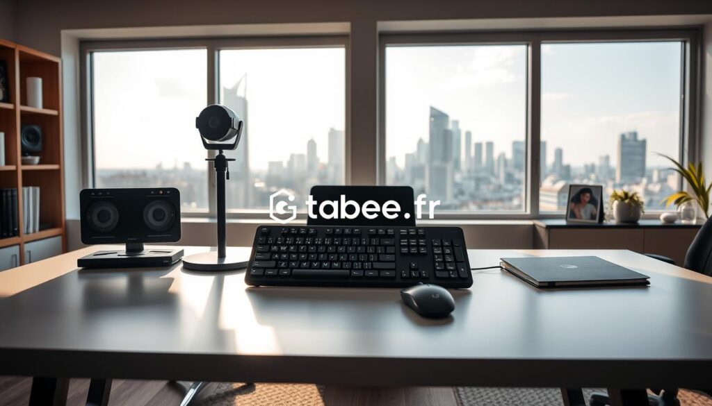 A modern, well-lit home office space with a prominent desk and a high-end Logitech computer accessory setup. The desk features a stylish, minimalist Logitech keyboard, mouse, and webcam, all arranged neatly. The background showcases a large window with natural lighting, offering a serene view of a city skyline. The overall atmosphere exudes professionalism, efficiency, and the premium quality associated with the Logitech brand. The tabbee.fr logo is subtly integrated into the scene.