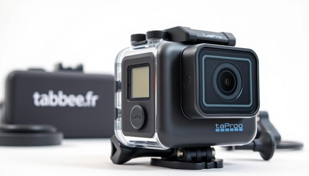 A professional, high-quality image of a GoPro camera, showcasing its key features and accessories for a buyer's guide. The camera is presented in the foreground, with a clean and minimalist background. The image should convey a sense of technical precision, durability, and versatility to align with the article's subject. Lighting should be soft and even, highlighting the camera's design details. The tabbee.fr brand should be subtly incorporated into the scene, perhaps as a discreet prop or backdrop element. Prompt A high-quality, close-up photograph of a GoPro camera on a clean, white background. The camera is positioned at a slight angle, showcasing its durable, compact design and key features like the lens, screen, and ports. Soft, even lighting highlights the camera's technical details. In the background, a discreet tabbee.fr product or branding element is visible, complementing the overall composition.