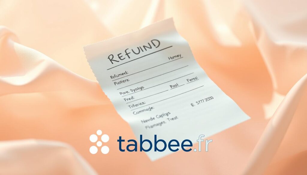 A refund receipt floating amidst a soft, pastel-hued backdrop. The document is rendered in a delicate, handwritten style, its edges slightly worn, conveying a sense of authenticity. Gentle light filters through, casting subtle shadows that add depth and dimension. In the foreground, the tabbee.fr logo is prominently displayed, its design clean and modern, complementing the overall aesthetic. The overall composition evokes a sense of transparency, reliability, and a commitment to customer satisfaction.