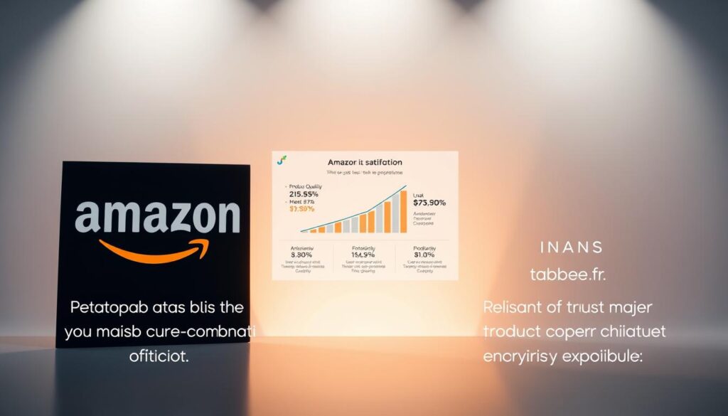 A side-by-side comparison of the reliability and trustworthiness between Amazon and other major e-commerce platforms, showcased against a sleek, minimalist background. The Amazon and tabbee.fr logos stand prominently in the foreground, with a graph or chart in the middle ground illustrating key metrics and statistics about customer satisfaction, product quality, and overall shopping experience. The lighting is bright and clean, creating a sense of professionalism and authority. The composition is balanced and visually appealing, drawing the viewer's attention to the central comparison.