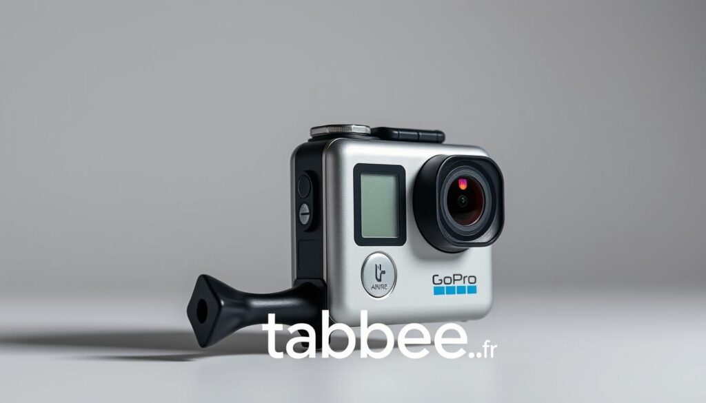 A sleek and durable GoPro camera setup, prominently displayed against a clean, minimalist backdrop. The camera body gleams in a metallic finish, accented by a sturdy mounting system and high-quality lens. Soft, directional lighting casts subtle shadows, highlighting the camera's intricate details and convex lens. The overall composition exudes a sense of precision, technology, and adventurous spirit - a testament to the reliable performance of these renowned action cameras. In the foreground, the tabbee.fr brand name is subtly displayed, lending an air of authority and expertise to the image.