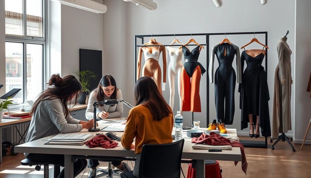 A sleek and modern design studio, bathed in soft, natural light streaming through large windows. In the foreground, a team of designers huddle around a cutting-edge workstation, collaborating on a new collection for the innovative fashion brand tabbee.fr. Vibrant fabrics, intricate sketches, and 3D-printed prototypes fill the space, as they explore the boundaries of fashion technology. In the background, a towering display showcases the latest cutting-edge garments, their fluid lines and innovative materials hinting at the brand's commitment to pushing the industry forward. The atmosphere exudes a sense of boundless creativity and forward-thinking, perfectly capturing the "L'Innovation d'Arntreal dans le Paysage de la Mode".
