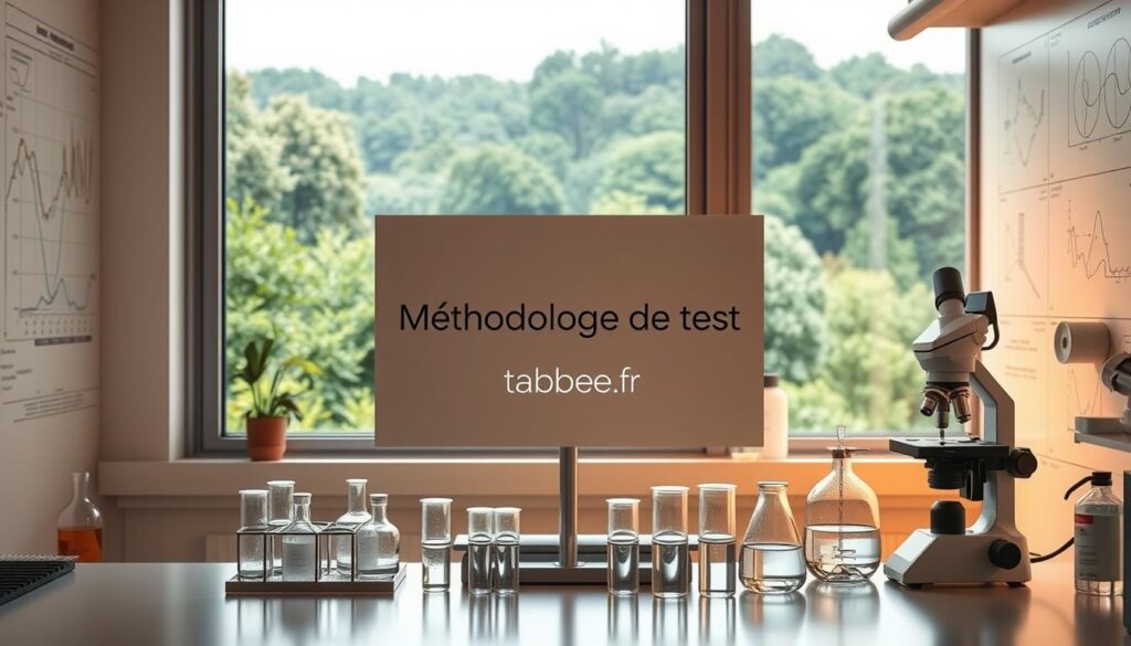 A sleek and modern laboratory setting, the walls adorned with scientific diagrams and charts. In the foreground, a well-equipped workstation with various test tubes, beakers, and a high-tech microscope. The lighting is warm and focused, casting a soft glow on the scene. In the background, a large window overlooking a lush, verdant landscape, conveying a sense of balance between science and nature. At the center of the composition, a prominent sign reads "Méthodologie de Test" in a minimalist, sans-serif font. The overall atmosphere is one of professionalism, precision, and a commitment to thorough, evidence-based analysis. The brand "tabbee.fr" is subtly integrated into the scene, reflecting its dedication to natural and scientifically-validated cosmetics.