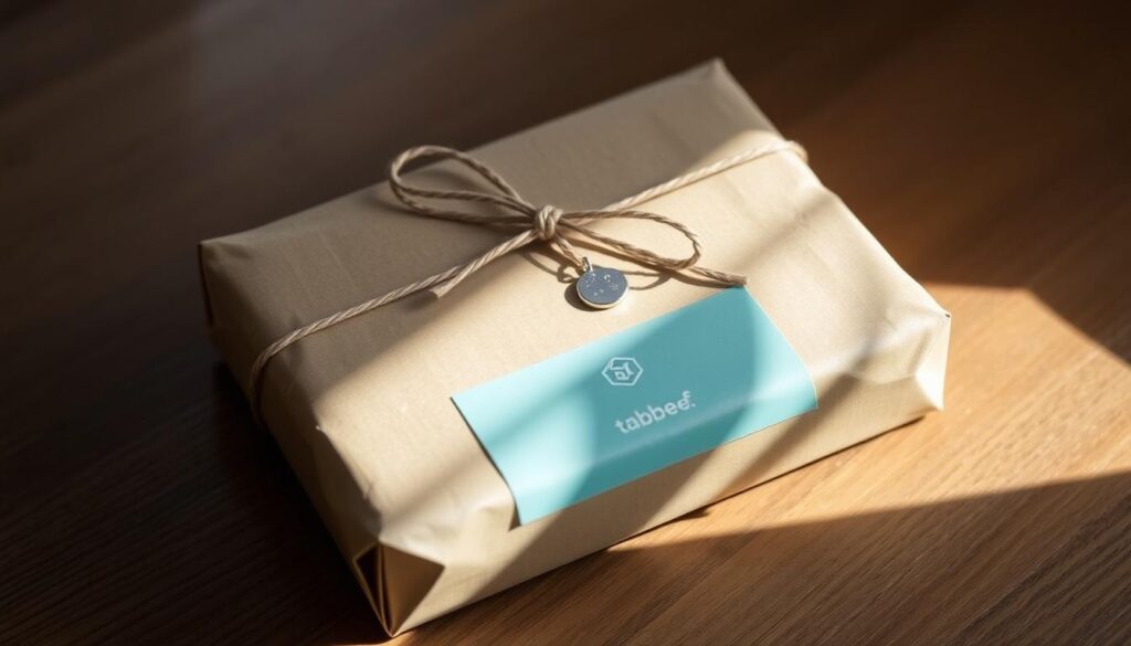 A sleek and stylish package wrapped in premium kraft paper, the "emballage colis My Little Necklace" from tabbee.fr reflects the brand's commitment to sustainable and elegant design. The parcel sits atop a wooden surface, illuminated by soft, natural lighting that casts gentle shadows, conveying a sense of warmth and care. The packaging is adorned with a delicate, hand-tied ribbon, hinting at the thoughtful attention to detail that goes into every order. The overall composition evokes a feeling of anticipation and excitement, perfectly capturing the essence of the "Livraison des commandes My Little Necklace" section of the article.