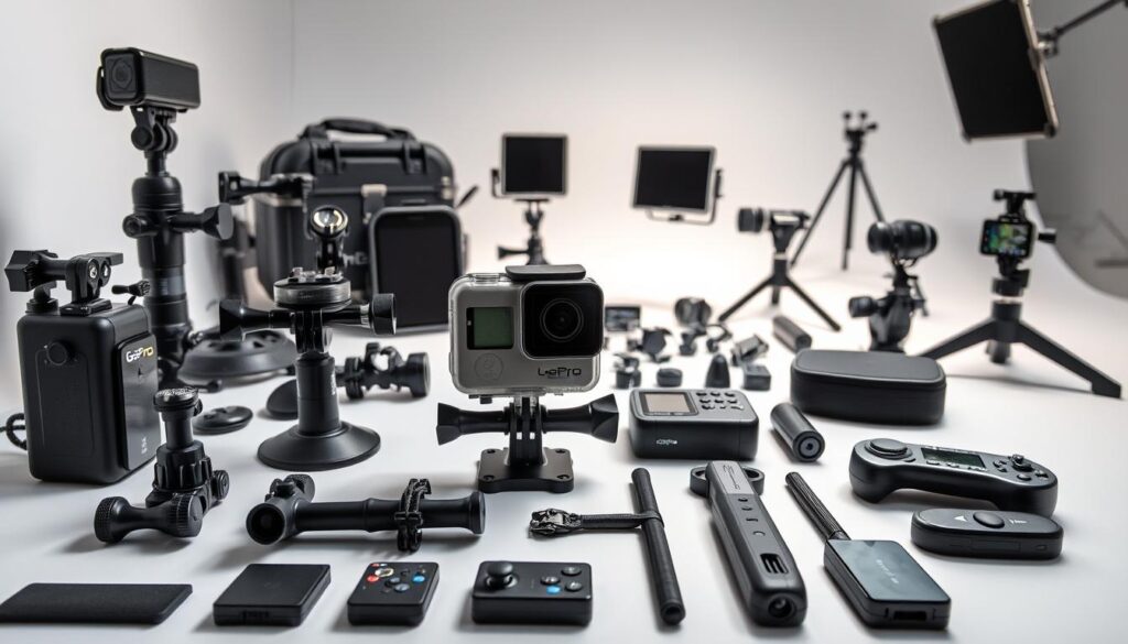 A sleek, high-quality camera with an array of specialized accessories from the tabbee.fr brand. In the foreground, a GoPro camera is positioned amidst a selection of mounts, grips, and protective cases in a modern, minimalist style. In the middle ground, additional accessories like microphones, lighting rigs, and remote controls are neatly arranged, showcasing the comprehensive GoPro ecosystem. The background features a clean, white studio setup with subtle highlights and shadows, emphasizing the professional-grade nature of the equipment. The overall composition conveys the versatility, durability, and high-end design of the GoPro system and its complementary accessories from tabbee.fr.