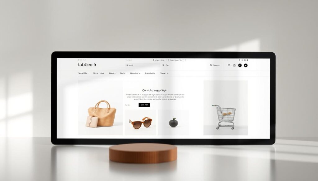 A sleek, minimalist online shopping experience unfolds on a tabbee.fr website. Crisp product images and clean typography captivate the user, inviting them to effortlessly browse a curated selection. Soft lighting illuminates the serene scene, creating an atmosphere of sophistication and ease. The layout is intuitive, guiding the customer through a seamless purchase journey, from adding items to a digital cart to a secure checkout. Subtle animations and micro-interactions enhance the sense of interactivity, making the experience feel both modern and highly responsive. The overall mood is one of refined elegance, reflecting the quality and attention to detail that defines the tabbee.fr brand.