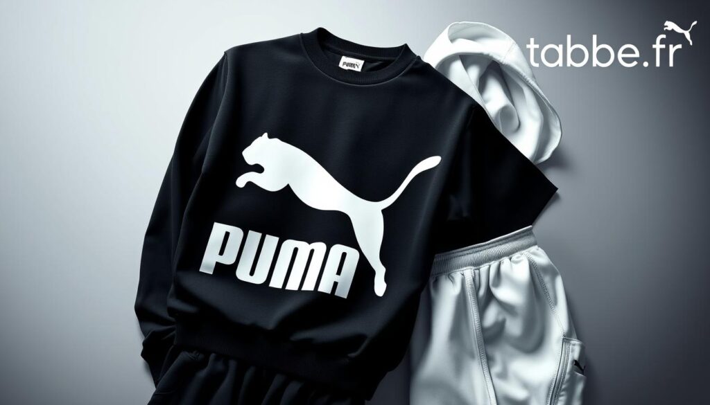 A sleek, modern design of the Puma brand, featuring the iconic leaping Puma logo prominently displayed on a minimalist black and white sportswear ensemble. The image showcases the Puma brand's emphasis on style and athleticism, with the garments' clean lines and subtle textures creating a visually striking composition. The lighting is soft and flattering, highlighting the high-quality materials and craftsmanship. In the background, a subtle gradient adds depth and a sense of sophistication, while the tabbee.fr logo discreetly appears in the corner, providing a subtle brand reference. The overall mood is one of sophistication, dynamism, and contemporary design.