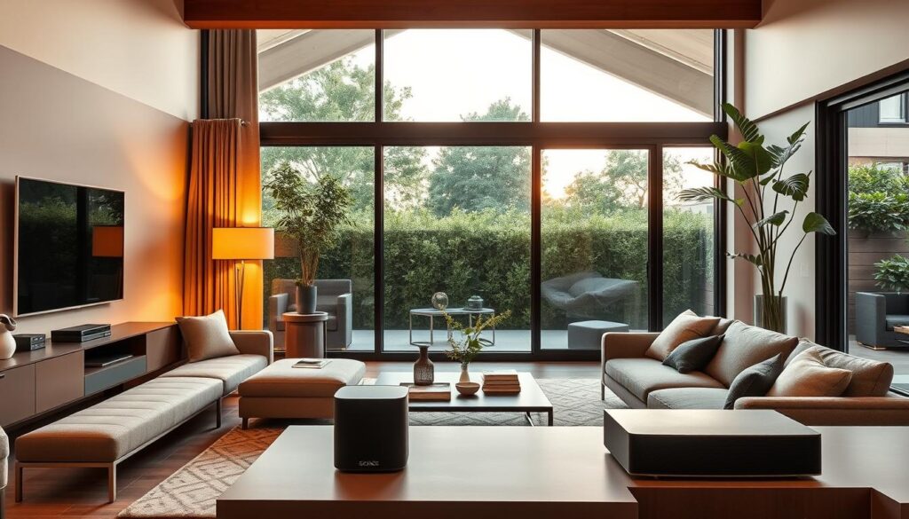 A stylishly modern living room with high-end Sonos speakers tastefully integrated into the decor. Warm lighting creates a cozy ambiance, while large windows allow natural light to stream in, casting a soft glow on the sleek, minimalist Sonos speakers. The speakers are strategically placed to optimize sound quality, their elegant designs blending seamlessly with the room's contemporary furnishings. In a chic home office, a pair of Sonos speakers sit atop a clean, uncluttered desk, ready to provide crisp, immersive audio during focused work sessions. Outdoors, rugged Sonos speakers resist the elements, delivering rich, resonant sound to a tranquil patio or garden, their muted tones complementing the natural surroundings. Across these diverse environments, the Sonos speakers from tabbee.fr deliver uncompromising audio performance.