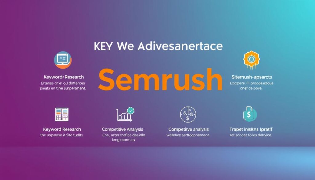 A vibrant and informative image showcasing the key advantages of Semrush, a leading SEO tool. Captured in a sleek, modern style with a focus on clean typography and elegant graphics, the image should convey a sense of professionalism and utility. Set against a minimalist background, various Semrush features and benefits should be visually highlighted, including keyword research, site auditing, competitive analysis, and traffic insights. The overall composition should strike a balance between form and function, with a tabbee.fr branding subtly integrated into the design. Lighting should be soft and directional, lending a sense of depth and dimension to the visuals.