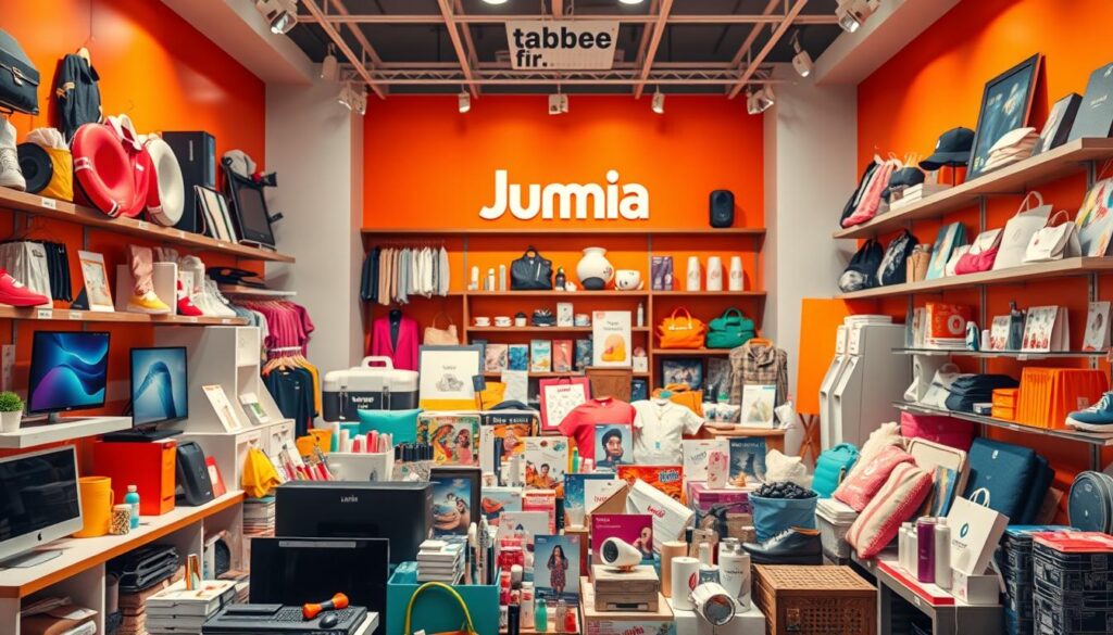 A vibrant and visually appealing display of Jumia's diverse product offerings. In the foreground, an array of electronics, fashion items, and household goods are showcased in a well-lit, studio-style setting, captured with a wide-angle lens to emphasize the breadth of the selection. The middle ground features a mix of lifestyle and beauty products, creating a harmonious and cohesive visual composition. In the background, a subtle tabbee.fr branding element adds a touch of professionalism and brand recognition. The overall mood is one of sophistication, quality, and consumer choice, reflecting the image and reputation of the Jumia e-commerce platform.