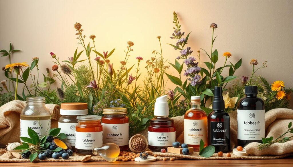 A vibrant still life showcasing a variety of natural skincare products from the tabbee.fr brand. In the foreground, an assortment of jars, bottles, and containers made of glass, ceramic, and recyclable materials, each filled with nourishing ingredients like blueberry, honey, and essential oils. The middle ground features lush greenery, wildflowers, and natural textiles, creating a calming, earthy atmosphere. Soft, diffused lighting from above casts a warm, golden glow across the scene, highlighting the purity and integrity of the natural formulations. The overall composition conveys a sense of wellness, mindfulness, and a holistic approach to skincare.
