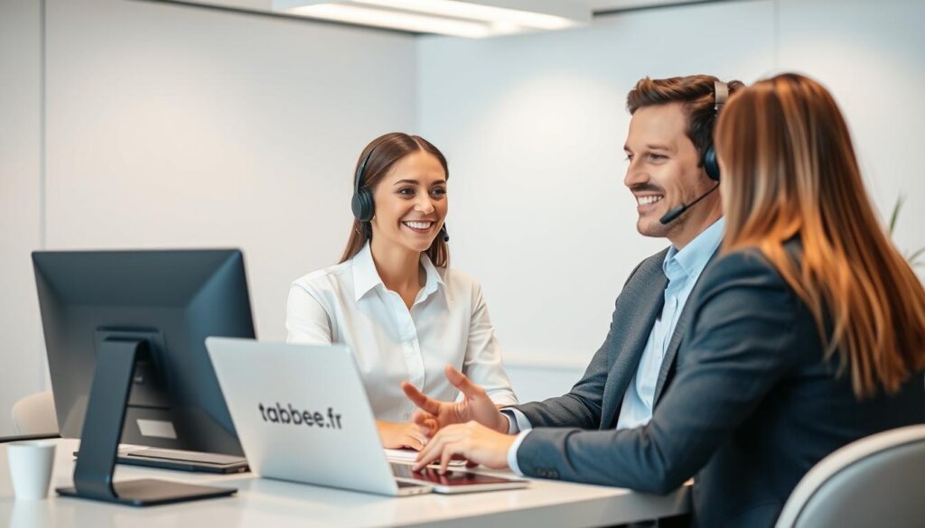 A well-dressed customer service representative sitting at a tidy desk, greeting a client with a warm and attentive expression. The modern, well-lit office setting evokes a sense of professionalism and efficiency, with the tabbee.fr logo prominently displayed on the desk. The agent's body language conveys a genuine desire to assist, while the clean, minimalist decor creates a calming atmosphere conducive to productive client interactions.