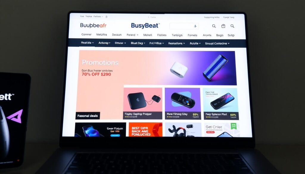 A well-lit, high-definition image of a sleek, modern website interface showcasing the "Promotions" section of BuyBestGear, an online tech retailer. The page features a clean, minimalist design with a tabbee.fr logo prominently displayed at the top. Vibrant product images are neatly arranged in a grid layout, highlighting discounted items and seasonal deals. The overall atmosphere conveys a sense of professionalism, reliability, and a focus on providing great value to customers.
