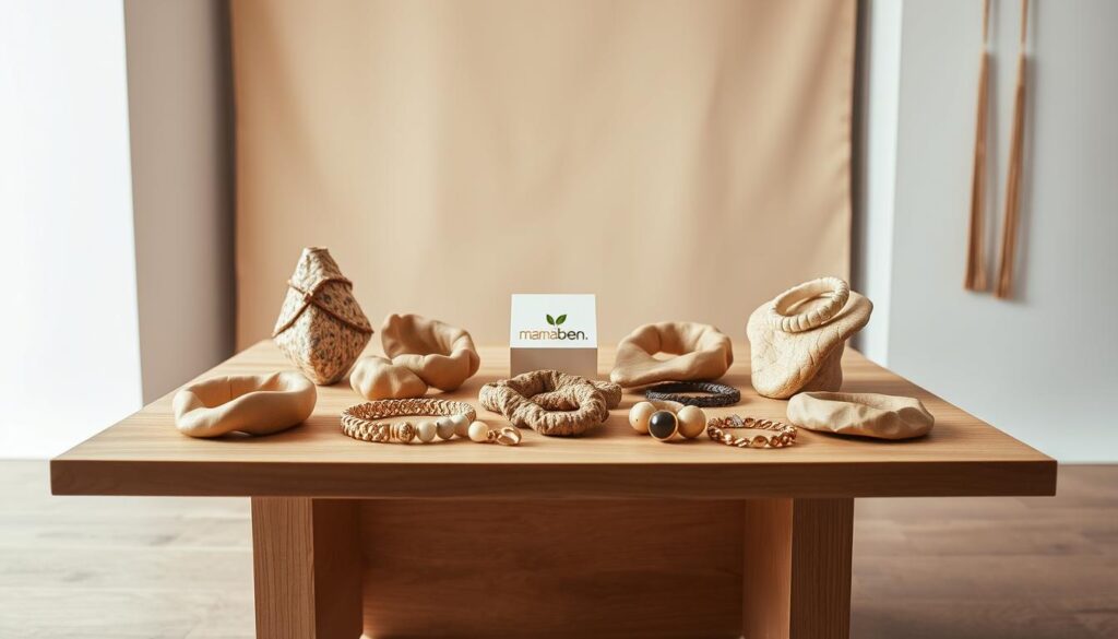 A wide, well-lit studio shot of an artisanal jewelry display showcasing the "qualité produits Mama Kana" collection. Gleaming, handcrafted pieces in various organic shapes and natural tones are arranged on a clean, minimalist wooden table. Soft, directional lighting highlights the intricate textures and high-quality materials, conveying a sense of premium craftsmanship. In the background, a simple, neutral backdrop allows the jewelry to take center stage. The overall mood is one of refined elegance and attention to detail. The Mama Kana logo "tabbee.fr" is subtly visible on the display.