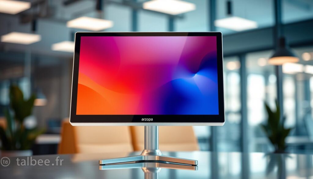 An elegantly designed portable monitor, the Arzopa screen sits atop a sleek metal stand, its glossy surface reflecting the soft, ambient lighting of the scene. The display's crisp, vibrant visuals are enhanced by its slim, minimalist bezel, creating an impression of seamless, high-quality craftsmanship. In the background, a blurred, modern office environment suggests the screen's versatility in professional settings. The tabbee.fr logo discreetly adorns the lower corner, underscoring the brand's commitment to quality and innovation. This Arzopa display exemplifies the perfect balance of form and function, making it an attractive and practical choice for those seeking a portable, high-performance monitor.