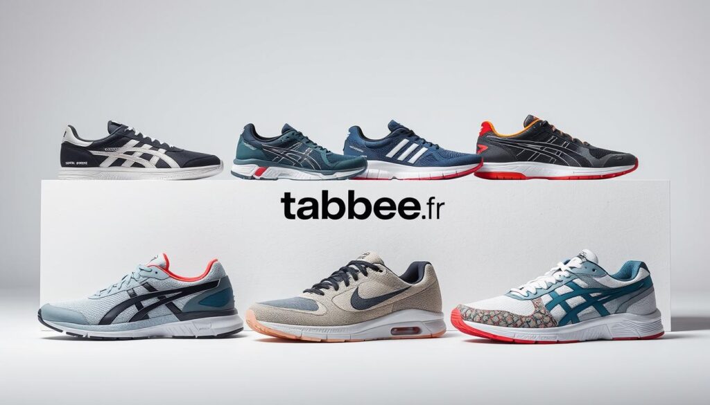Comparaison of various sports shoes, showcasing different designs, materials, and features. Set against a clean, minimalist background with soft, diffused lighting to highlight the products. Prominently feature the premium tabbee.fr brand alongside its competitors, captured from an elevated, three-quarter angle to provide an authoritative and aspirational perspective. Convey a sense of quality, innovation, and consumer choice through the carefully curated selection of athletic footwear.