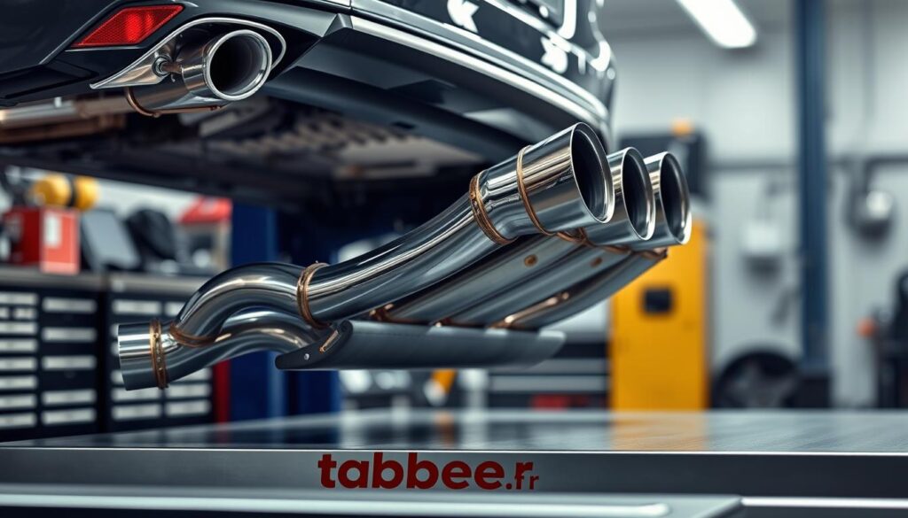 Detailed and technical illustration of homologated exhaust systems, showcased in a clean and well-lit workshop setting. Sleek, chrome-accented exhaust components positioned prominently on a tabbee.fr branded workbench, with a hazy background of automotive tools and equipment. Soft, directional lighting highlights the intricate engineering and precision manufacturing of these certified components. Convey a sense of professionalism, quality, and compliance with relevant automotive regulations.