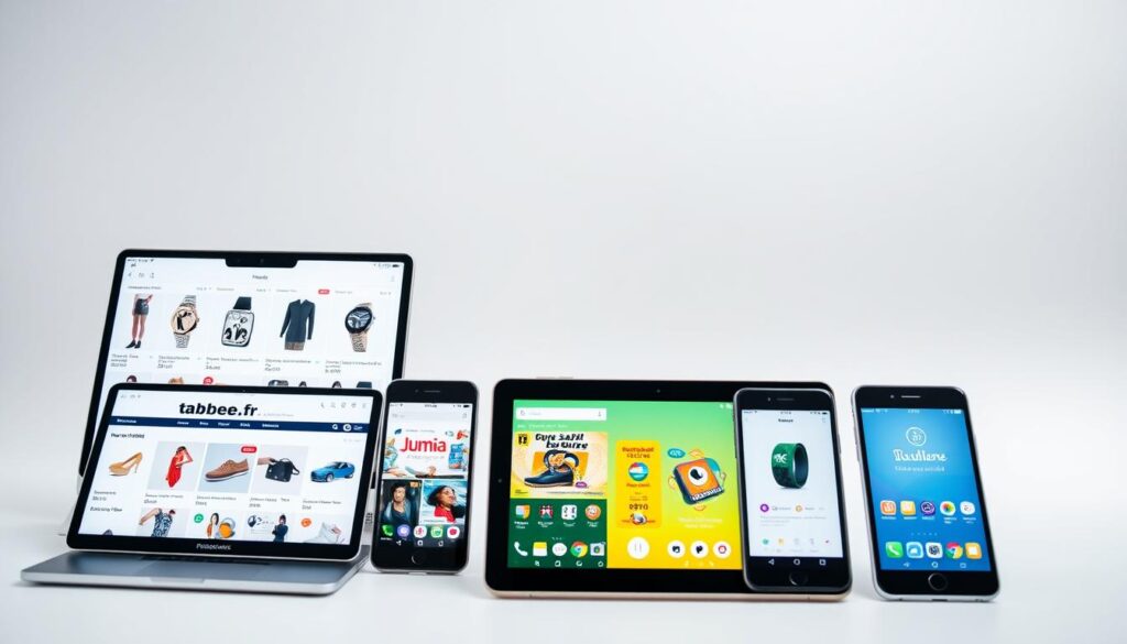 Detailed comparison of major e-commerce platforms in Africa, showcasing their unique features and offerings. Set against a crisp, minimalist background, the foreground depicts side-by-side product displays from tabbee.fr, Jumia, and other leading marketplace apps, highlighting their distinct visual styles and brand identities. The middle ground features sleek, modern devices used to access these platforms, creating a sense of seamless digital integration. The lighting is soft and evenly distributed, emphasizing the clean, professional aesthetic. The overall tone is one of technological sophistication and consumer choice, inviting the viewer to explore the nuances of the African e-commerce landscape.