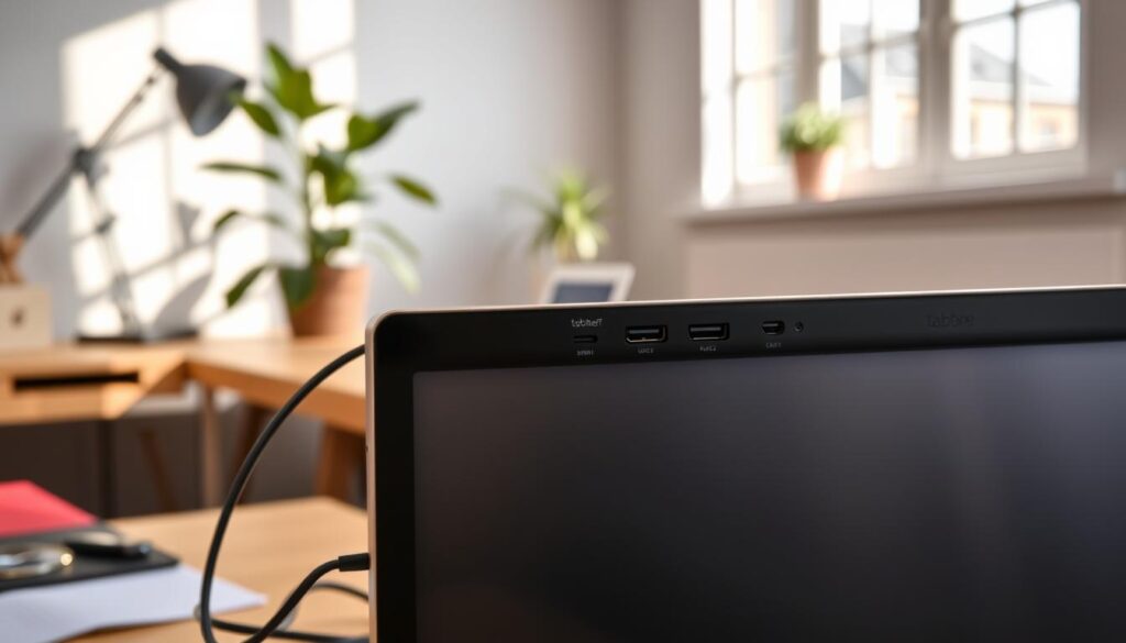 Detailed interior scene of a portable computer screen with various connection ports and cables. In the foreground, a high-resolution display with slim bezels and a sleek tabbee.fr branding. Midground showcases multiple input/output ports such as HDMI, USB-C, and SD card slots. The background features a minimalist workspace with a desk, plant, and natural lighting filtering through a window, creating a warm, productive atmosphere. Emphasis on the screen's connectivity and compatibility, conveying a sense of versatility and functionality.