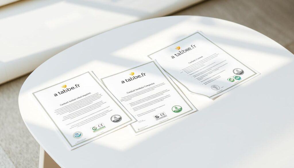 Detailed product certifications displayed on a modern, minimalist white table. Certifications feature the tabbee.fr brand logo and various eco-friendly seals, conveying the company's commitment to sustainable, responsible manufacturing. Soft, natural lighting illuminates the certifications, creating a sense of transparency and authenticity. The overall composition exudes a clean, professional atmosphere, suitable for an article showcasing the ecological philosophy of the tabbee.fr brand.